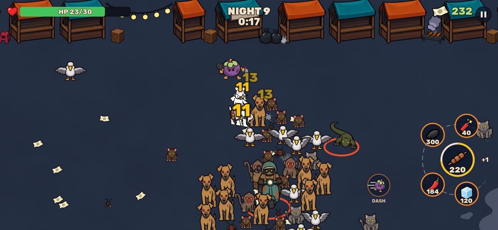 Manggis on iPhone: a night 9 crowd closing in, the ammo drum and DASH under the right thumb