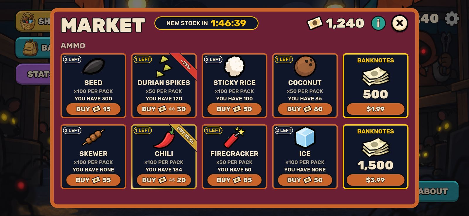 The market: packs of fruit ammo with deals, and two banknote packs
