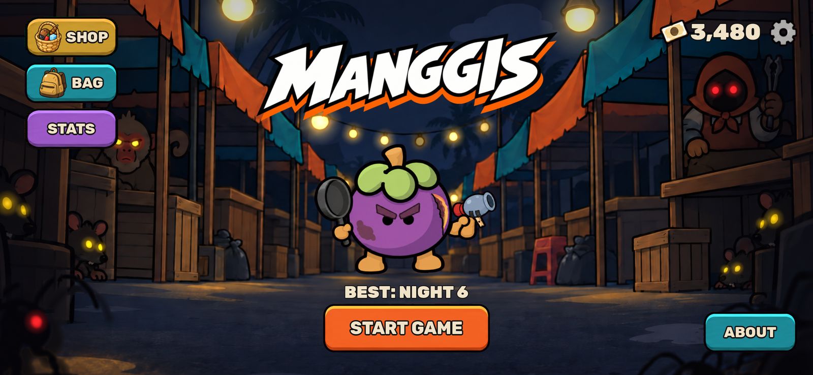 The title screen: Manggis with her frying pan and blaster on a night street of stalls
