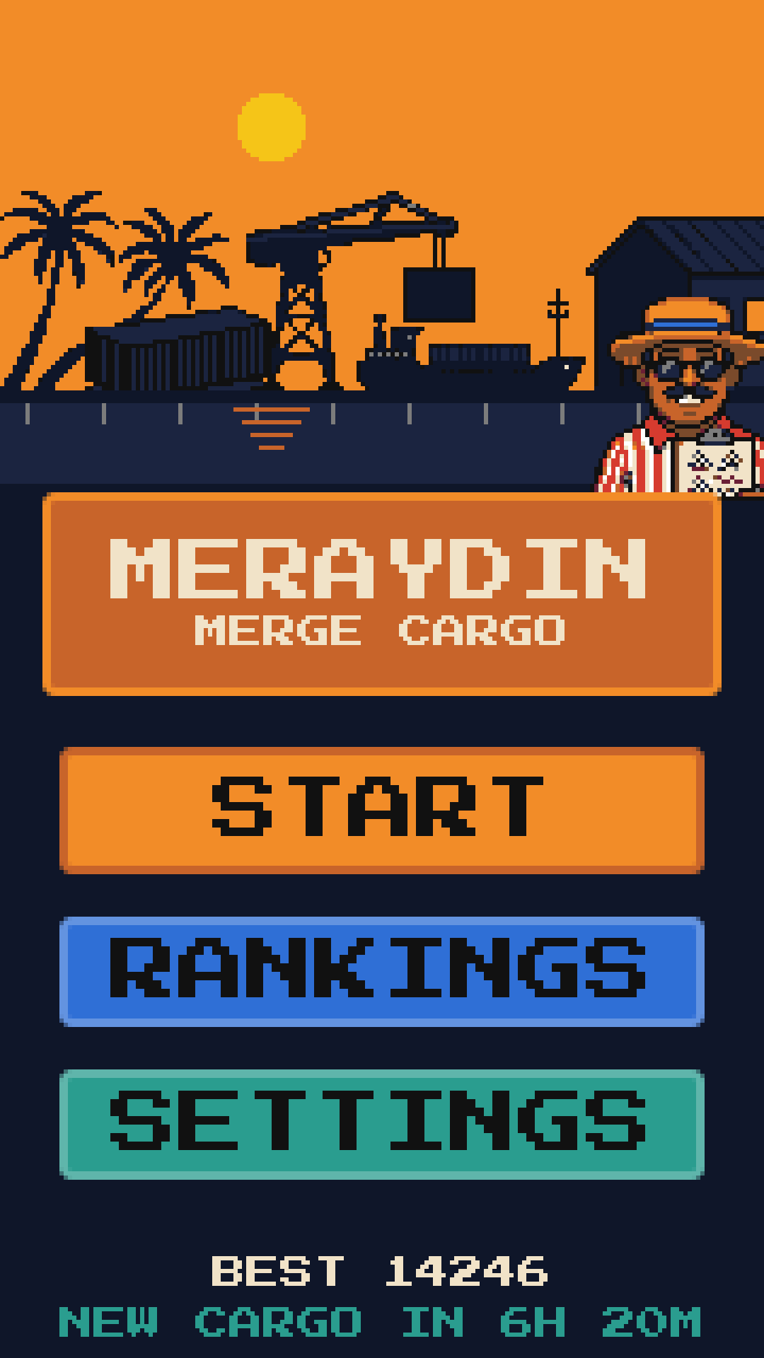 The title: the harbour at sunset, START, RANKINGS and the time until the next cargo